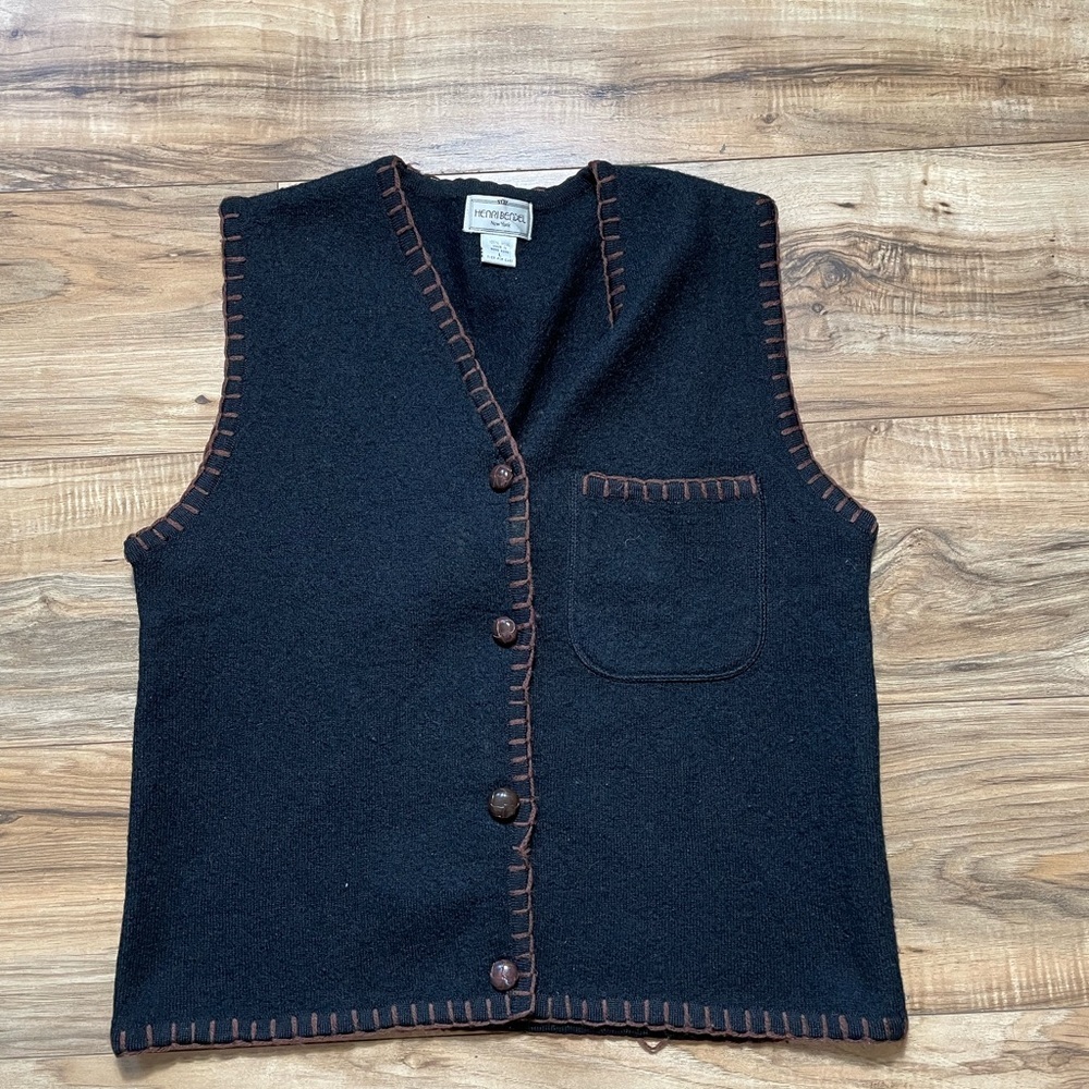 Henri Bendel 100% Wool Black Vest Unisex With Brown Stitching Size Large